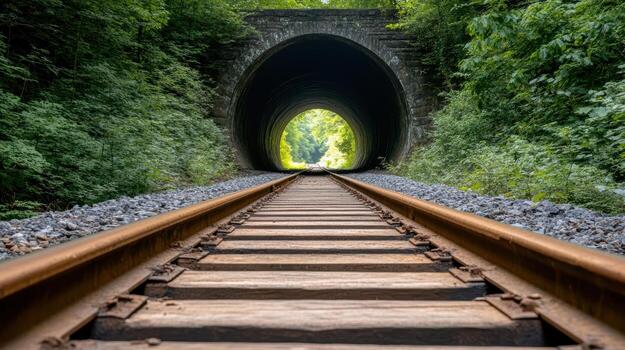 A railroad track going into a tunnel photo