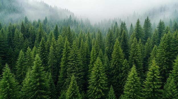 A forest with many trees in the middle of a foggy day photo
