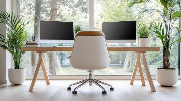 A desk with two computer monitors and a chair photo