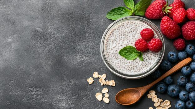 Chia seeds, berries and oats on a dark background photo