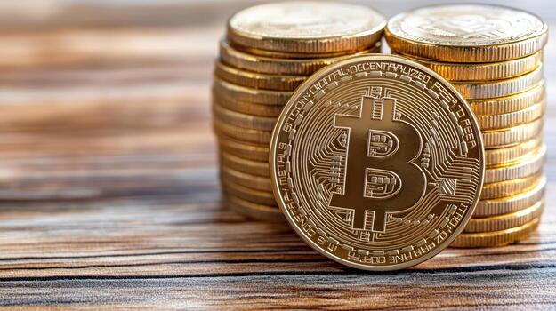 A stack of gold coins with a bitcoin sitting on top photo