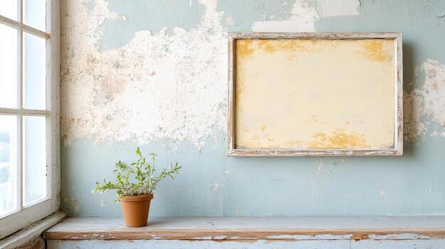 A window with a picture frame and a plant on a shelf photo