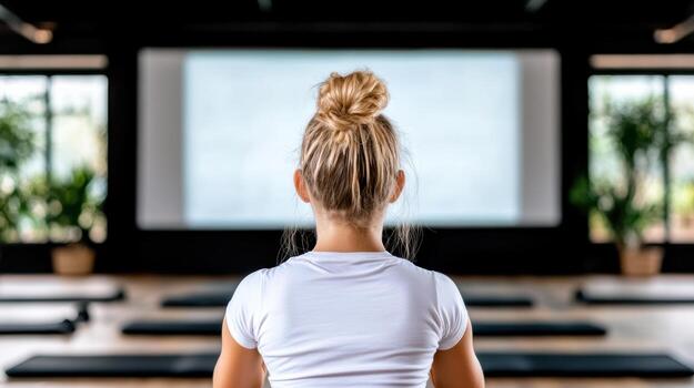 A woman is sitting in a yoga studio with a projector screen in the background photo
