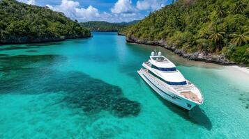 A luxury yacht is anchored in the clear blue water photo