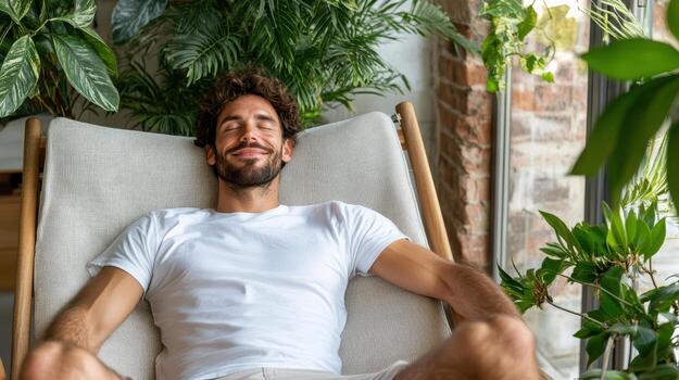 A man relaxing in a chair with plants around him photo