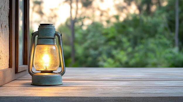 An old lantern on a wooden table in front of a window photo