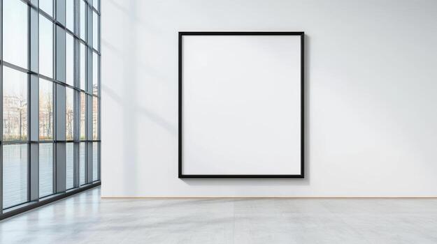 An empty room with a large blank frame photo