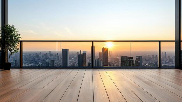 vacío habitación con de madera piso y ver de ciudad horizonte foto