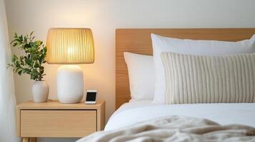 un cama con un lámpara y un teléfono en eso foto