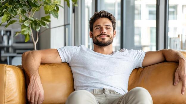 A man sitting on a couch in front of a window photo