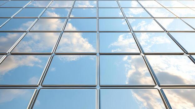 A building with glass windows and sky photo