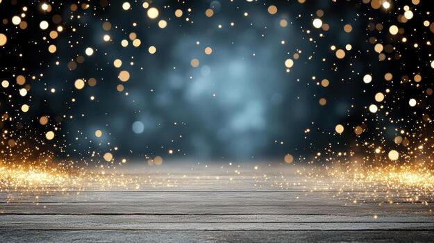 dorado destellos en un de madera piso con un oscuro antecedentes foto