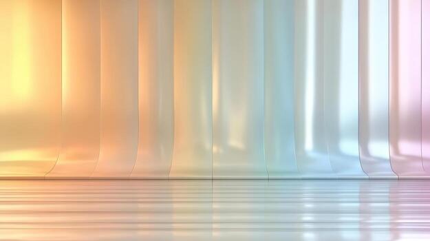 A room with a white floor and a colorful curtain photo