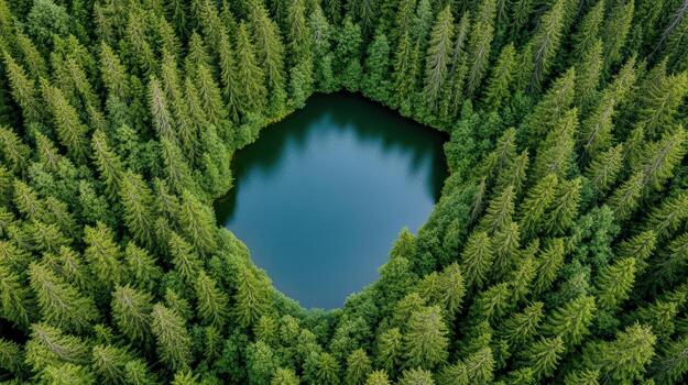 An aerial view of a lake surrounded by trees photo