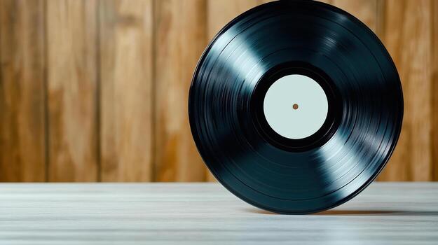 A vinyl record sitting on a table in front of a wooden wall photo