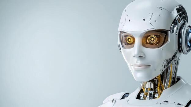 A robot with yellow eyes and a white face photo