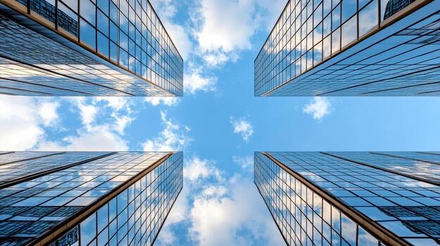 High rise buildings with windows and sky in the background photo