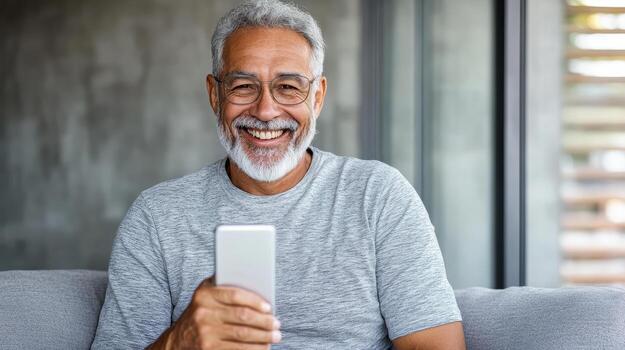 An older man with glasses and a beard is smiling while using his phone photo