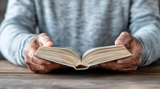 A person holding an open book in their hands photo