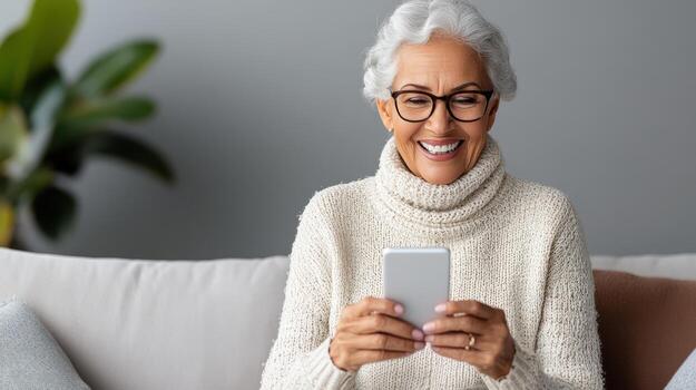 An older woman in glasses is smiling while using her phone photo