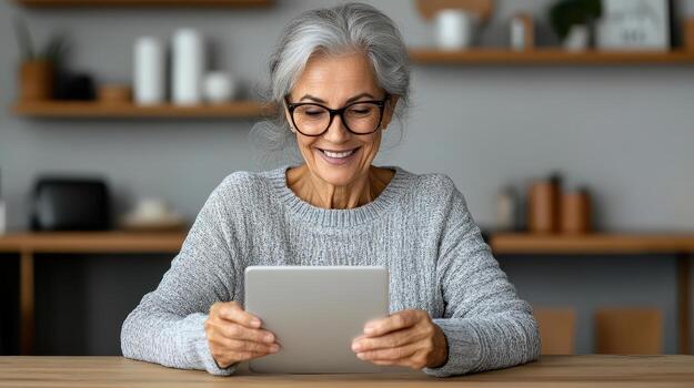 An older woman with glasses is using a tablet photo
