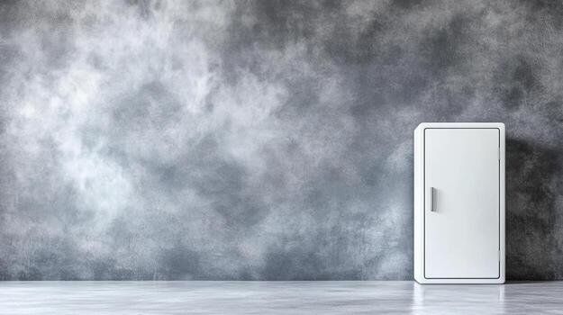 A white cabinet in front of a gray wall photo