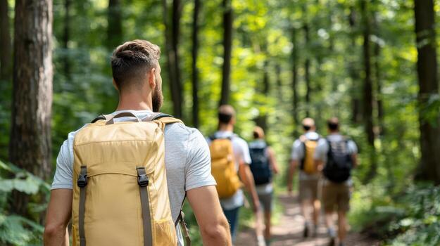 Back view of group of people walking in the forest photo