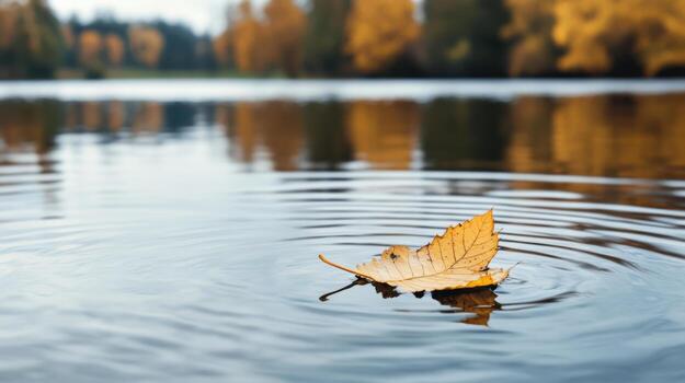 A single leaf floating on top of a lake photo