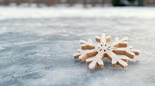 A gingerbread snowflake on a frozen lake photo