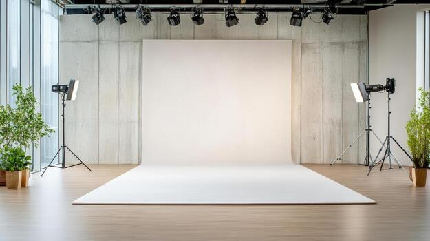 A photo studio with a white backdrop and lighting equipment