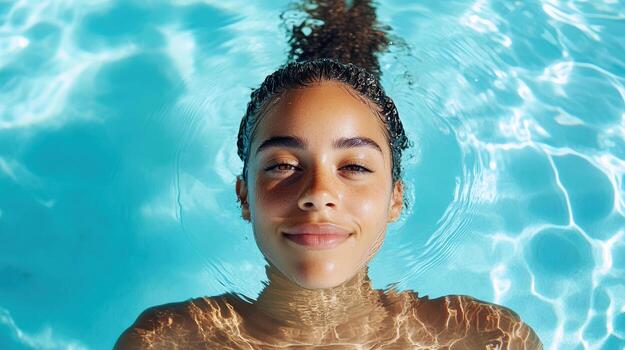 A woman is floating in a pool with her eyes closed photo