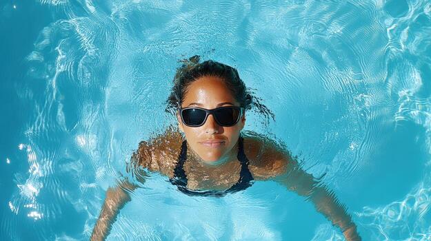 A woman in sunglasses floating in a pool photo