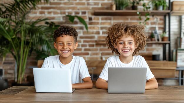 Two children sitting at a table with laptops photo