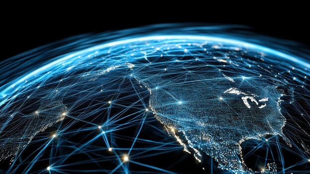 The earth is connected to the internet, with lines and networks photo
