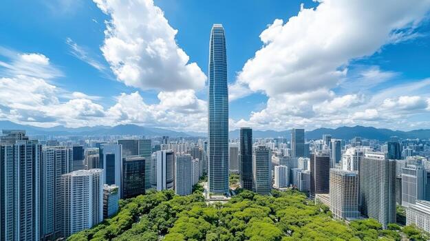 Hong kong skyline with skyscrapers and trees photo