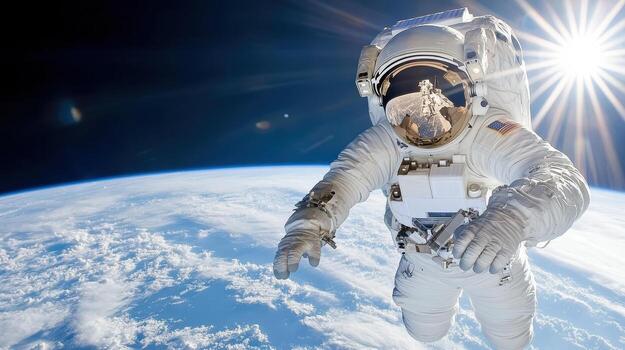 Astronaut in space with sun shining above earth photo