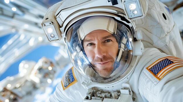 An astronaut in space with his helmet on photo