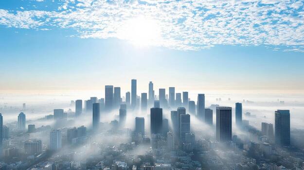 An aerial view of a city with fog and sun photo