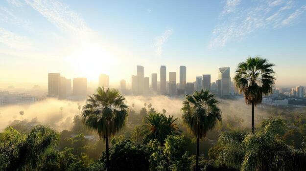 The city skyline is seen in the distance with palm trees photo