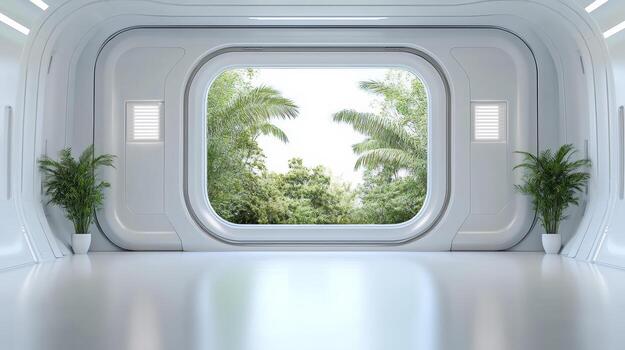 A futuristic looking room with a window and plants photo