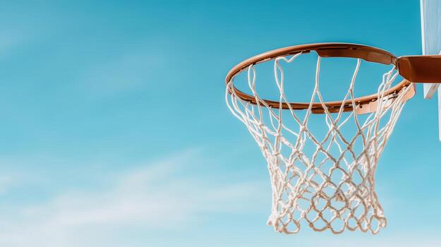 Basketball hoop with net on blue sky background photo