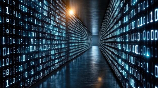 A long hallway with many binary numbers photo