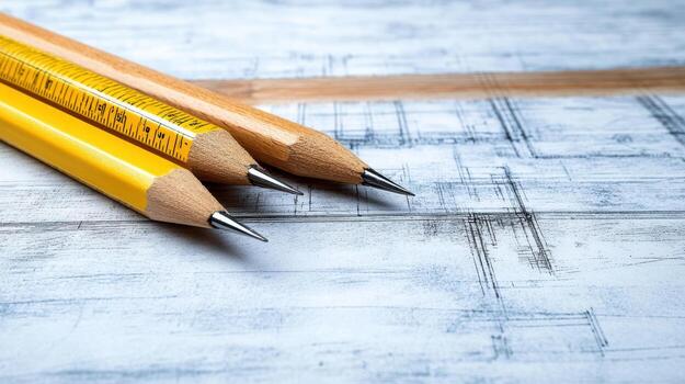 Two pencils on top of a blueprint photo