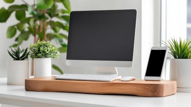 A computer monitor, keyboard and mouse are on a wooden stand photo