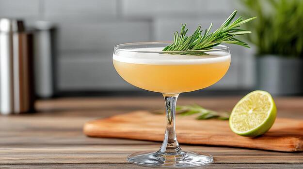 A cocktail with a garnish on top of a wooden table photo