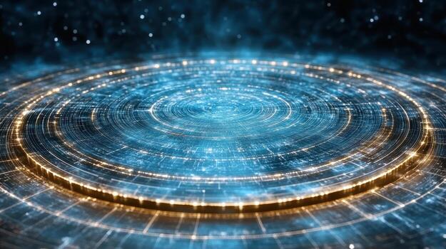 A circular object with glowing lights and a blue background photo