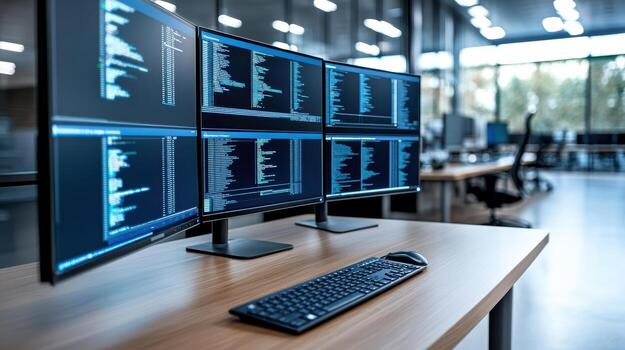 Three monitors on a desk in an office photo