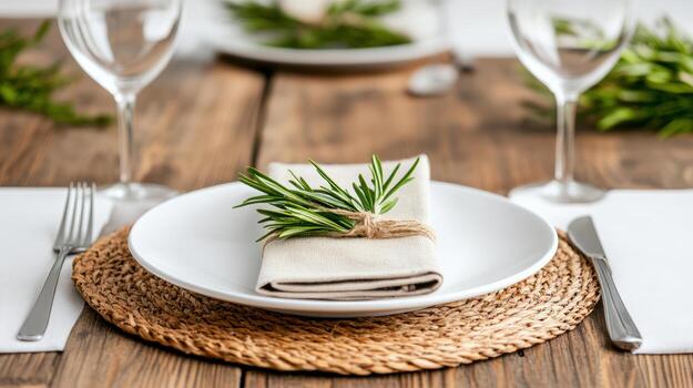 A place setting with a napkin and rosemary photo