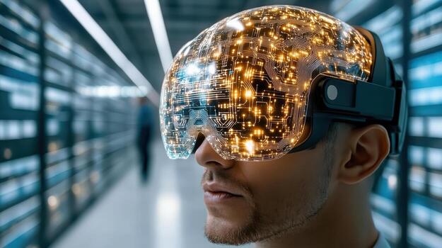 A man wearing a virtual reality helmet photo