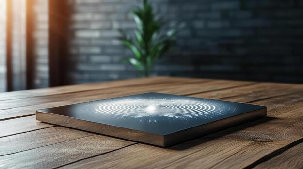 A digital clock on a wooden table photo